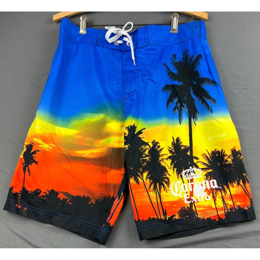 Corona Extra Board Shorts Men Medium Blue Sunset Palm Tree Swim Trunks Excellent